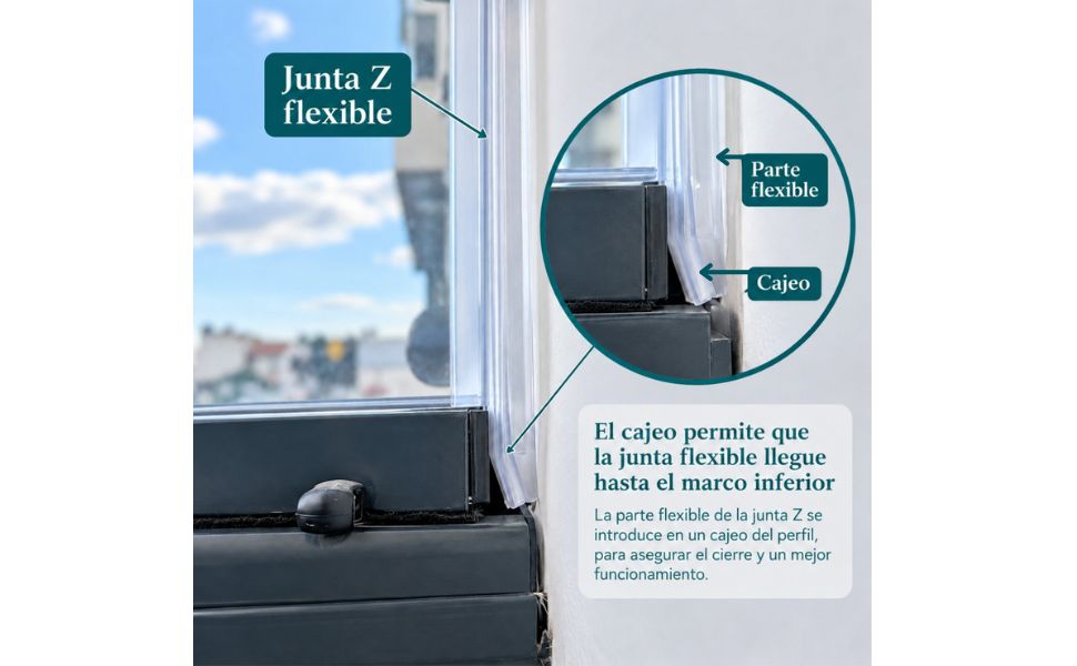 Junta Z flexible con cajeo en el extremo inferior, entre el cristal y la pared